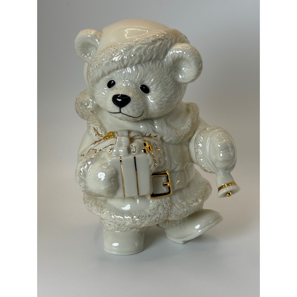 Lenox Christmas Santa Teddy Bear Figurine Ivory Gold Gift Bell Holiday Decor